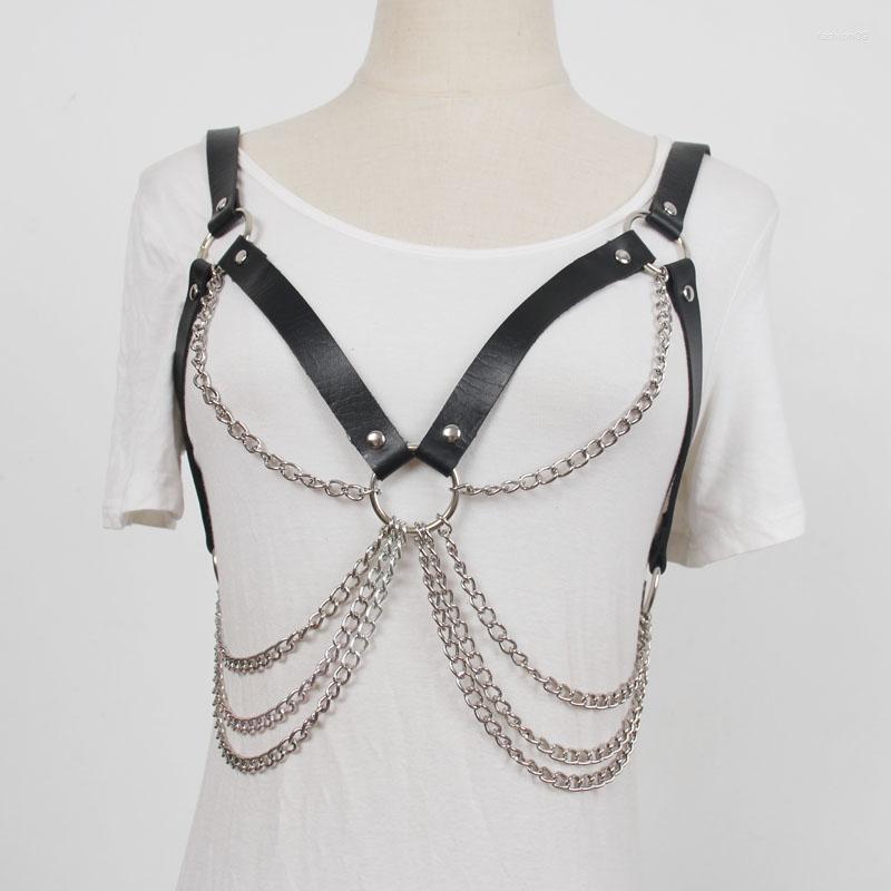 

Belts PUNk Gothic Women Waist PU Leather Adjustable Multi-layers Chains Harness Shoulder Bondage Halter Body Belt, Black