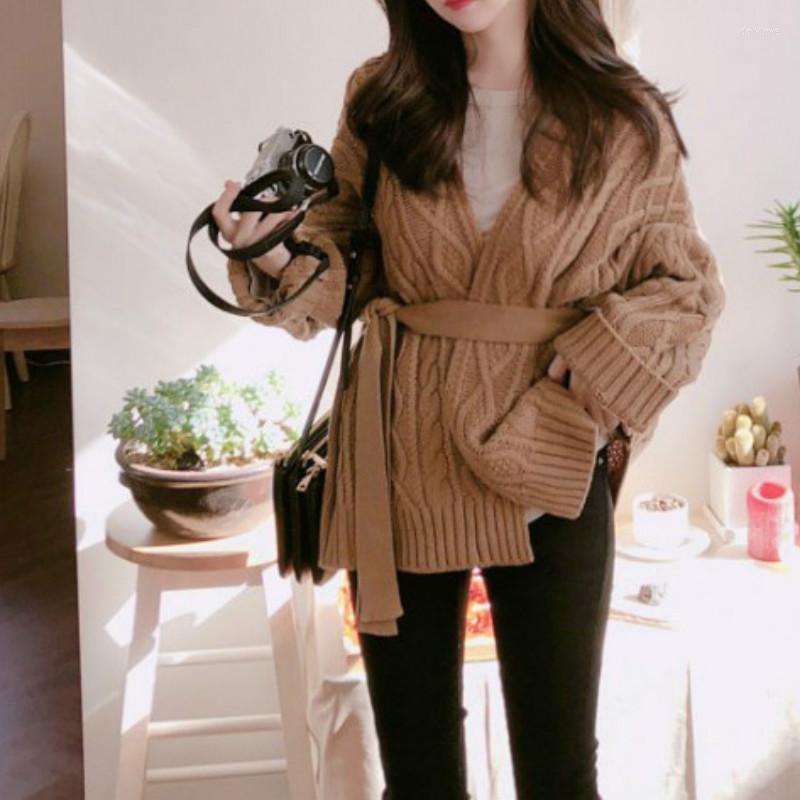 

Women's Knits Women Winter Knitted Cardigan Long Sleeve Bandage Sweater Coat Elegant Twist V-neck Loose Outwear Autumn Chic Jacket Korean, Khaki