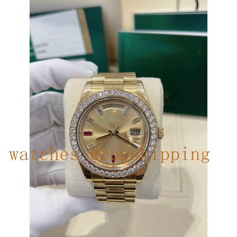 

Luxury Mens Watch 41mm Daydate V5 Diamond Bezel 18k Gold Automatic Mechanical Movement Sapphire Double Calendar Oyster 904L Fine Steel Folding Clasp Wristwatch