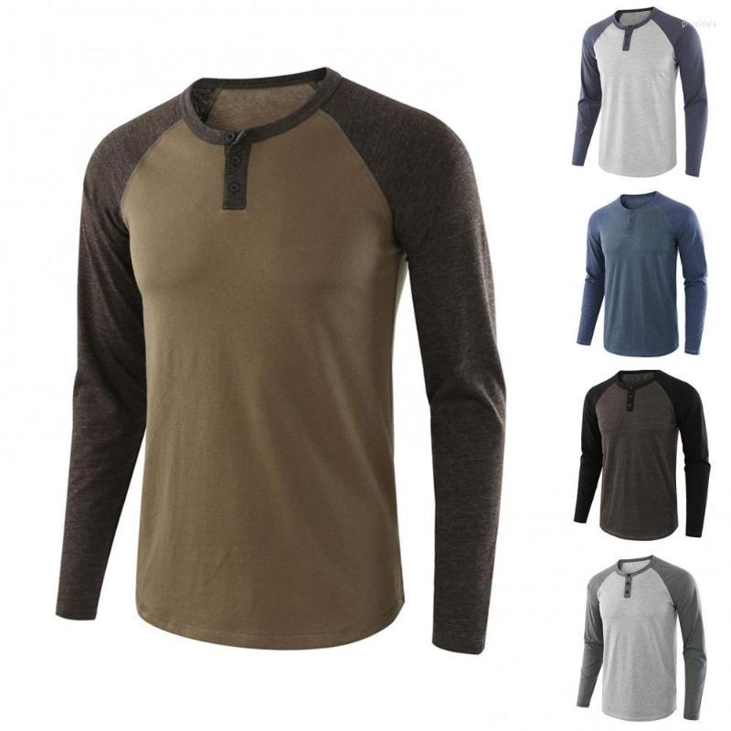 

Men' T Shirts Casual Men Autumn Spring O Neck Long Raglan Sleeve Color Block T-shirt Buttons Pullover Top Fashion Mens Clothing