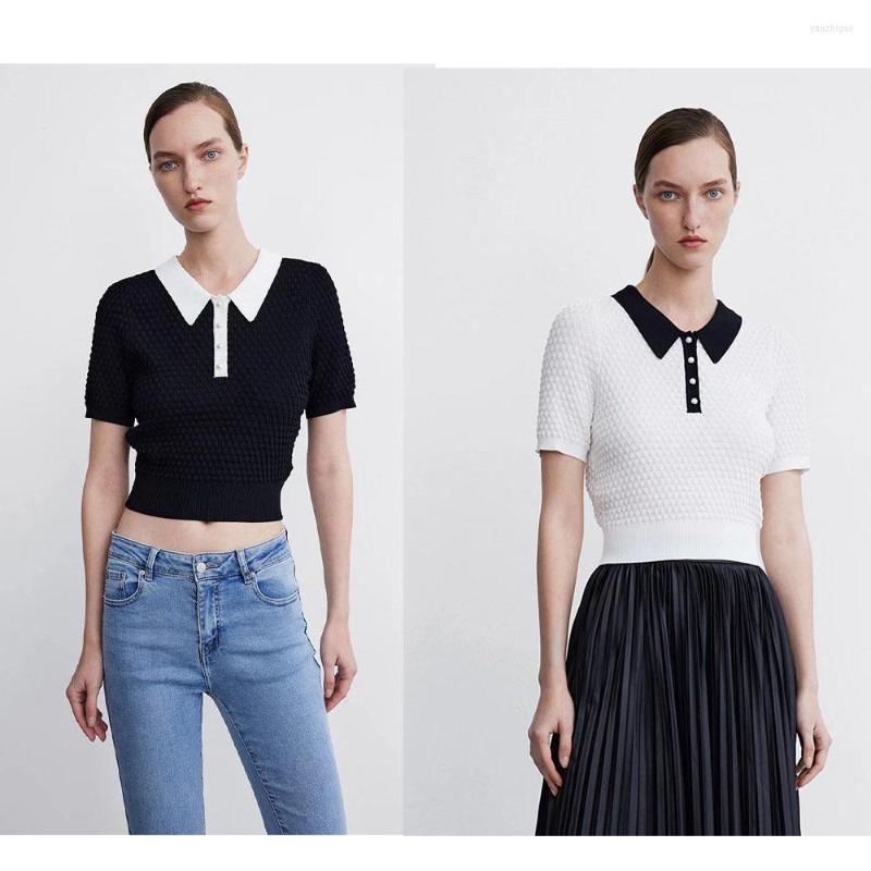 

Women' T Shirts 2022 Women' Summer Style Contrast Color Short Knitted T-shirt Fashion Lapel Short-sleeved Slim Top, Black