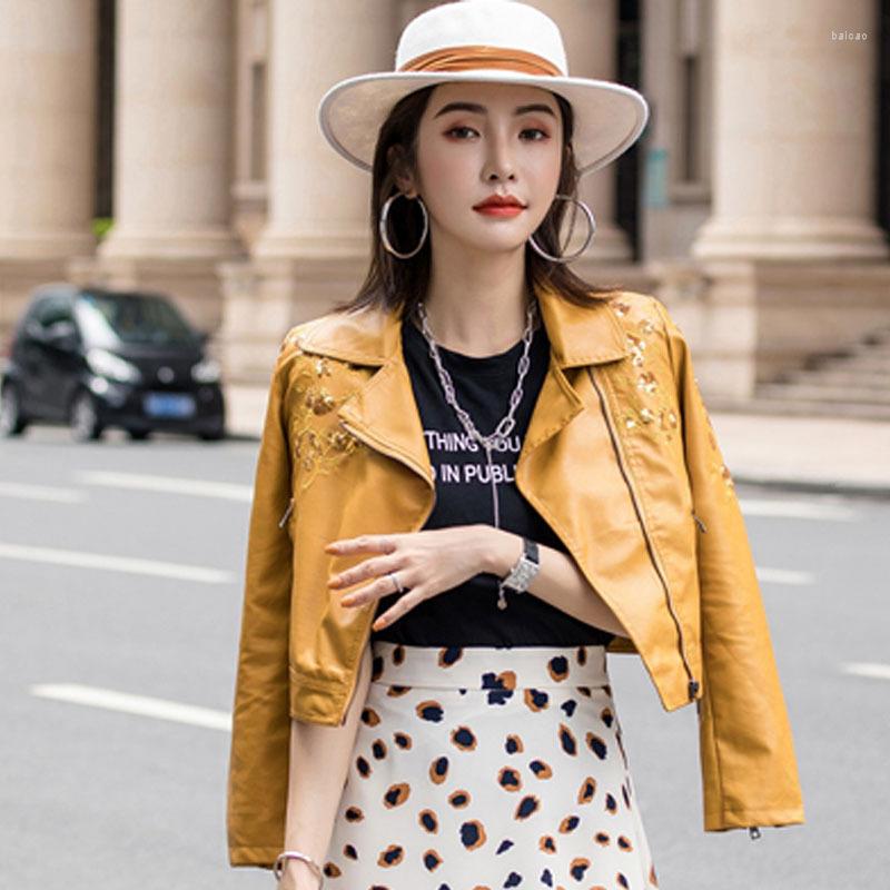 

Women's Leather 2022 Womens Autumn Winter PU Jacket High Waist Short Embroidered Korean Style All-Mmatch Motorcycle Coat Sweet Cool Top, White
