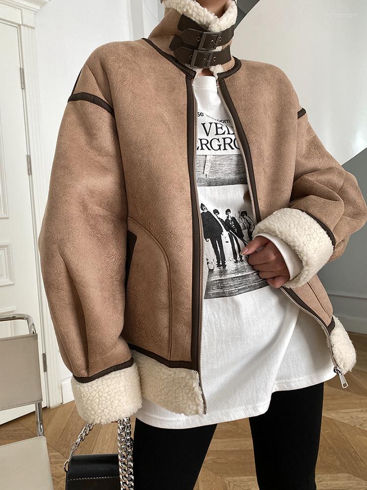

Women' Leather Ailegogo Autumn Winter Women Thick Warm Faux Lamb Fur Jacket Vintage Female Sheepskin Loose Zipper Coat Chic Outwear, Khaki