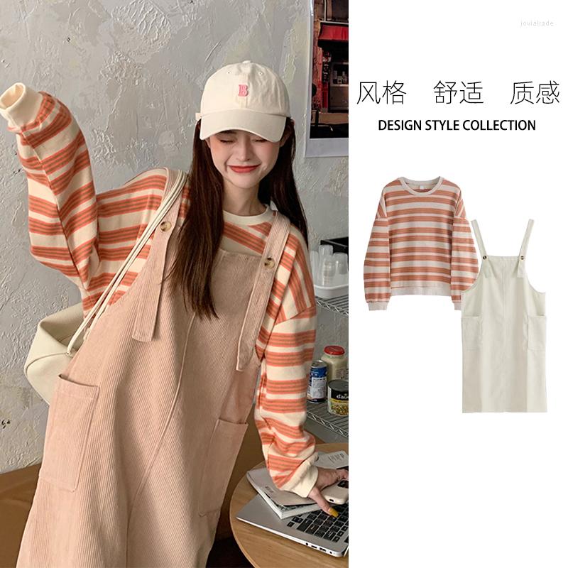 

Casual Dresses For Women 2022 Korean Version Fashion Corduroy Strap Skirt Suit Female Autumn Girl Age Reduction Cute Little Dress, Blue striped sweater