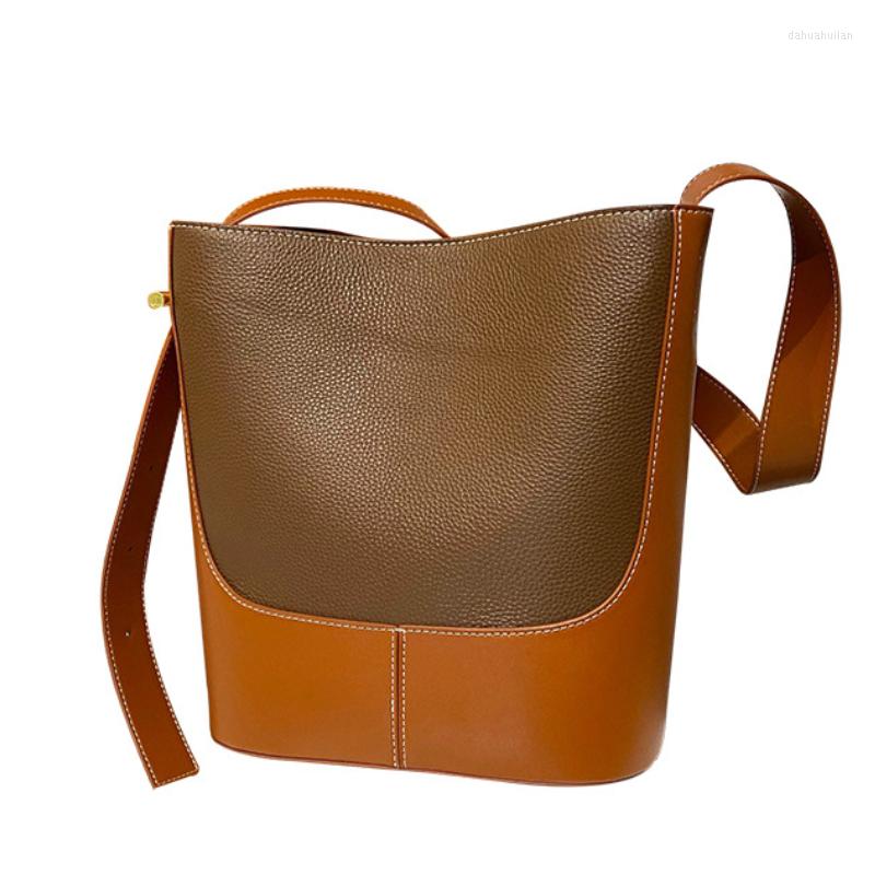 

Evening Bags Vintage Korean Style Bucket Bag Real Genuine Leather Women's Shoulder Messenger Large Brand Design Cowhide Handbag, Black