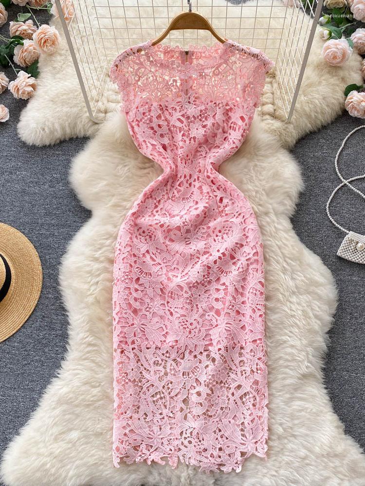 

Casual Dresses Hikigawa Chic Fashion Woman Dress Solid Vintage Elegant Lace Hollow Out Design For Women Slim Fit Summer Vestidos Mujer, Photo color