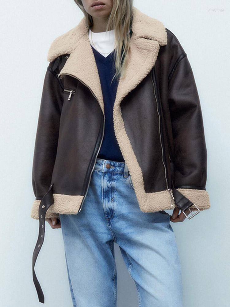 

Women's Leather Autumn Winter Woman Faux Suede Lambswool Jacket Coat Warm Long Sleeve Belt Loose Zipper Motorcycle Outerwear, Brown