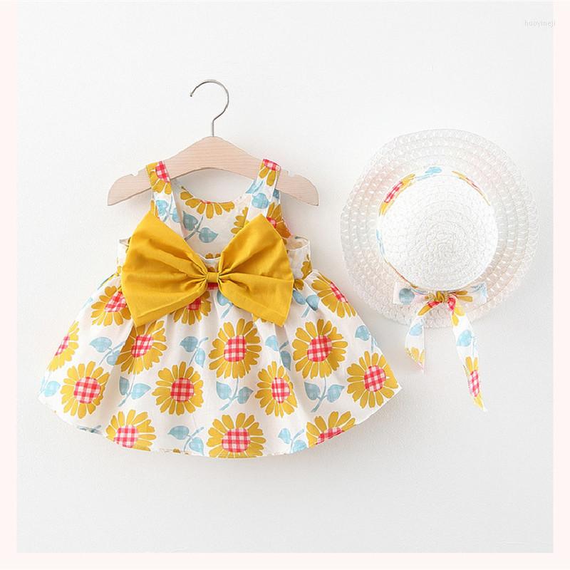 

Girl Dresses 2022 Summer Girl's Children Korean Cotton Baby Clothes Print Doll Suspender Infant Birthday Dress &Bow Sunhat, A329