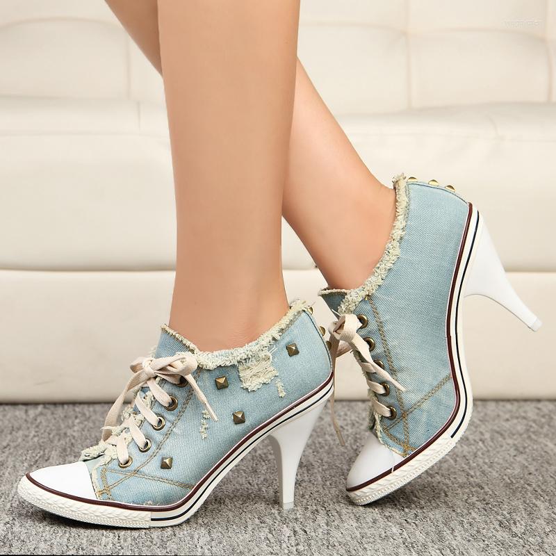 

Dress Shoes Spring Fashion Heels Rivet Lace-up Canvas Casual Women's Breathable High-heeled Sizes 34-42 Pointed Toe Cloth, Black
