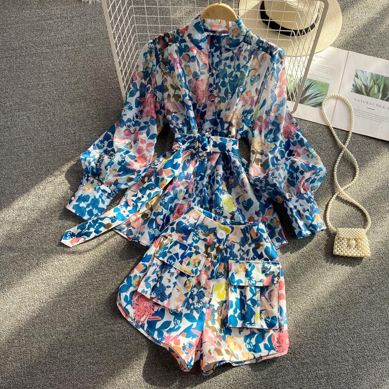 

Women' Tracksuits Celebrity Temperament Suit Lantern Sleeve Stand Collar Slim Shirt High Waist Wide Leg Shorts Two-Piece Set Women, Blue