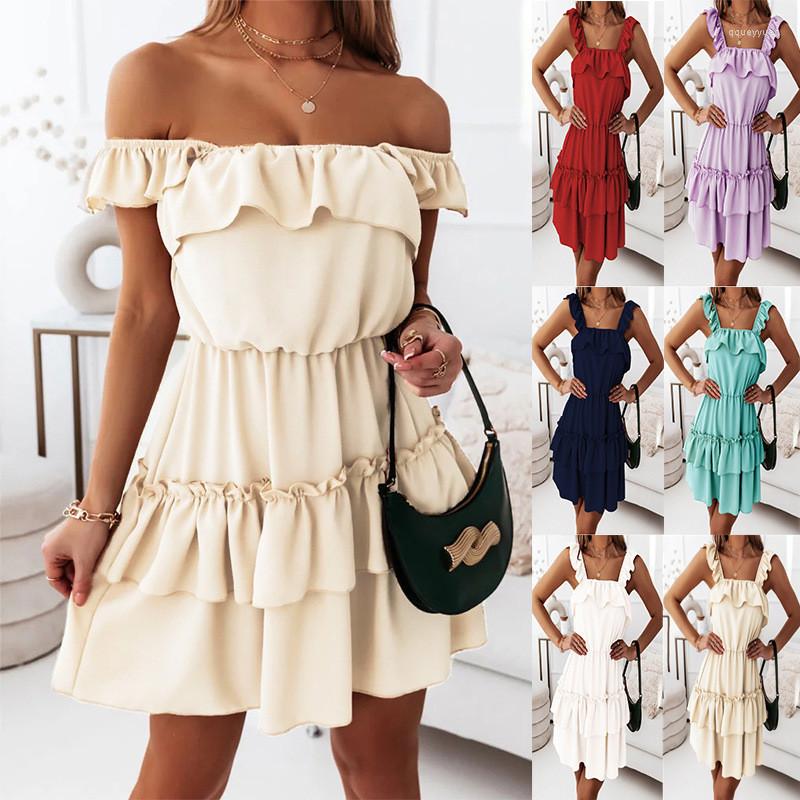 

Party Dresses 2022 Spring And Summer European American Products Solid Color Casual All-match Stitching Ruffle Dress, Khaki