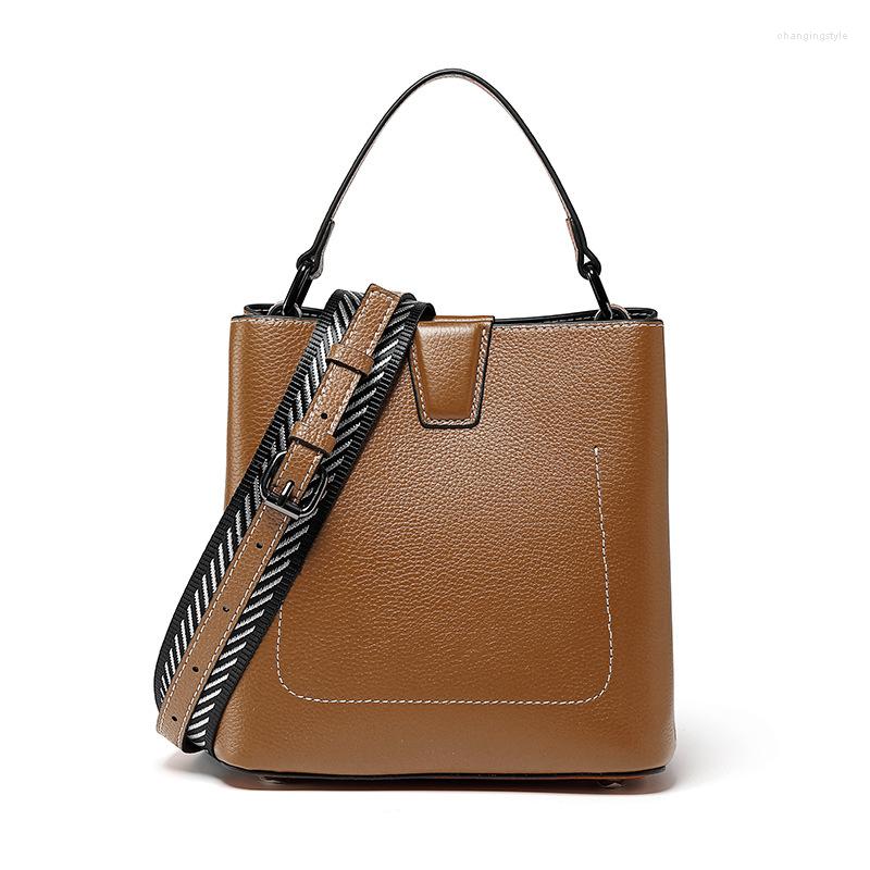 

Evening Bags 2023 Fashion Genuine Leather Women Bucket First Layer Cowhide Lady Shoulder Handbags Simple High Quality Messenger Bag, Black