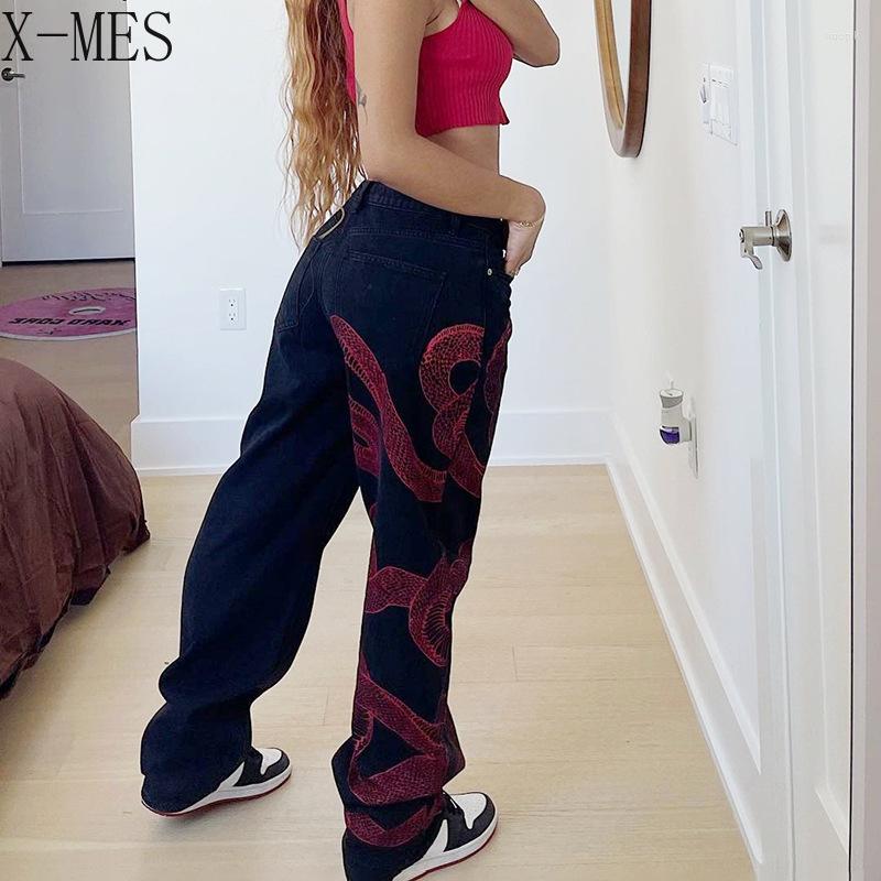 

Women' Jeans Y2K Streetwear Loose Women Retro Print Casual Oversized High Waist Wide Leg Pants Hip Hop Punk Harajuku Straight Trousers, Black