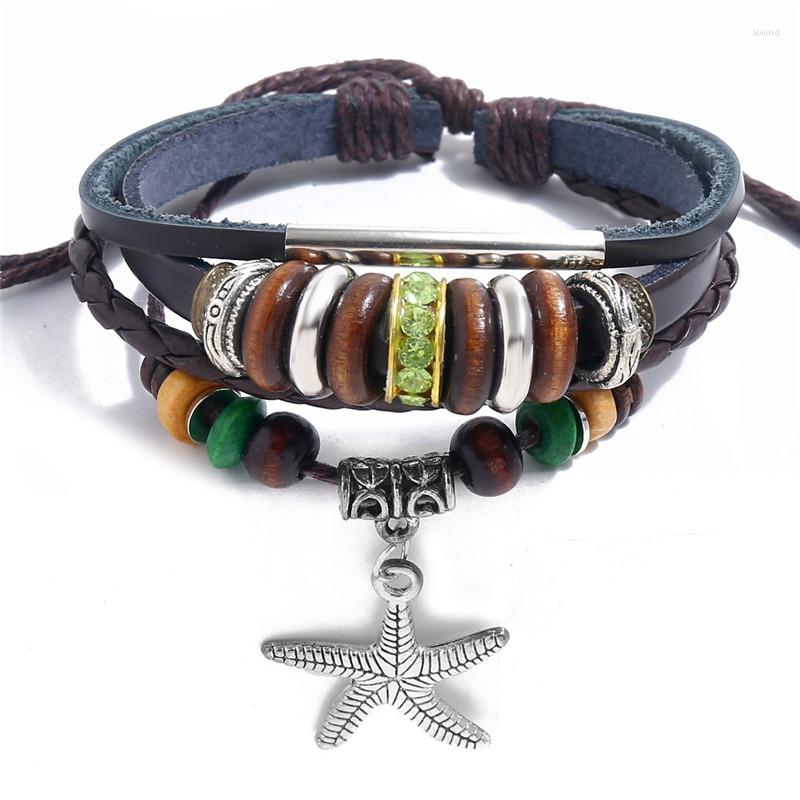 

Link Bracelets Vintage Multilayer Leather Zircon Star Charm Bracelet For Men Women Fashion Bangles Wood Bead Party Punk Jewelry Pulseira