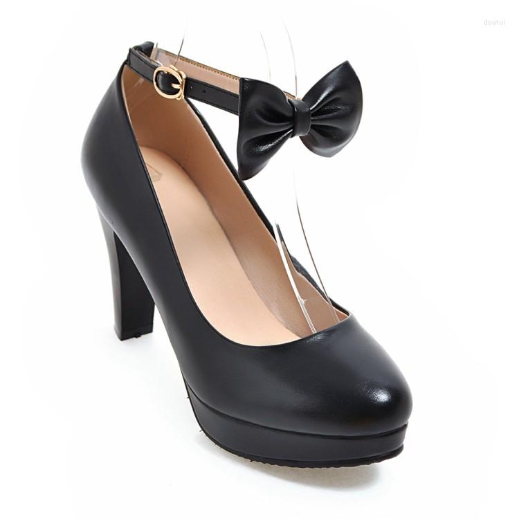 

Dress Shoes Big Size Platform Heels Women Woman Pumps Ladies Button Bold-heeled Bow With Pointed And Shallow Mouth, Black