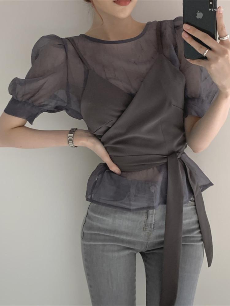 

Women's Blouses Summer Two Piece Set Women Short Sleeve O-neck Thin Puff And Lace-up Strap Tops Vest Vintage Korean 2 Suits, Black
