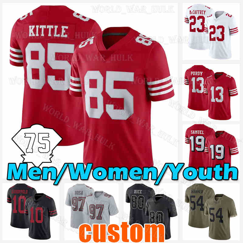 

Brock Purdy Jimmy Garoppolo Football Jersey Fred Warner Patrick Willis Jerry Rice Robbie Gould Elijah Mitchell Frank Gore Colin Kaepernick Charvarius 1 Jimmie Ward, Women jersey(49r)+patch