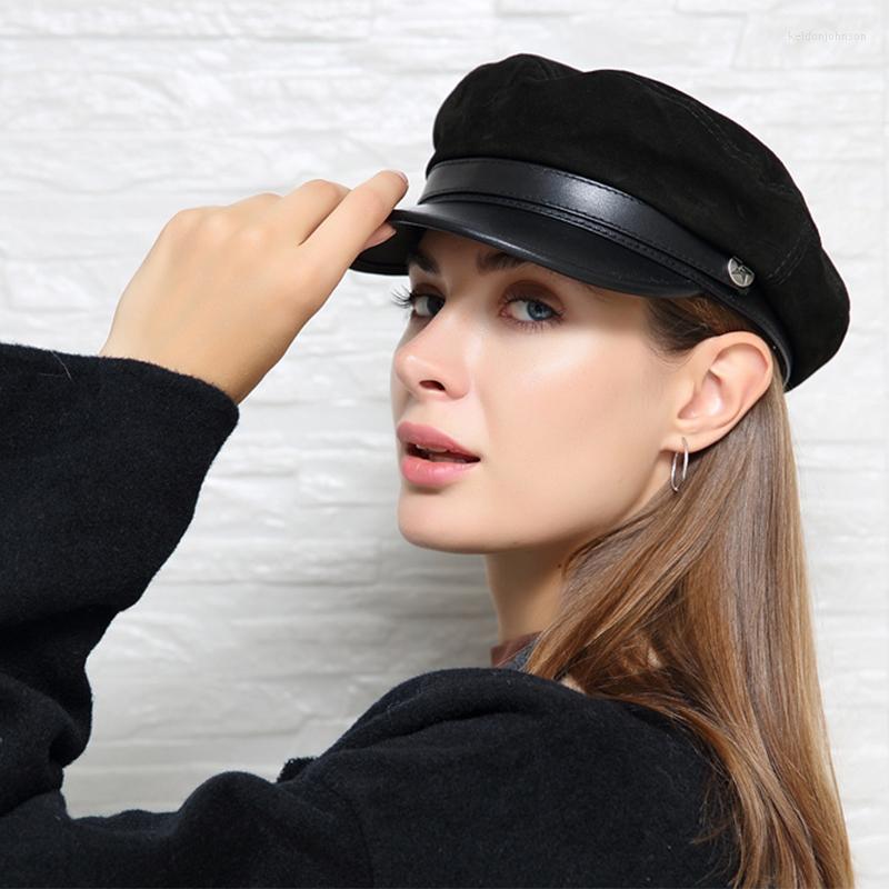 

Berets Winter Hats For Women Military Cap Vintage Real Leather Beret Gorras Planas Snapback Caps Female Casquette Ladies Headwear, Brown