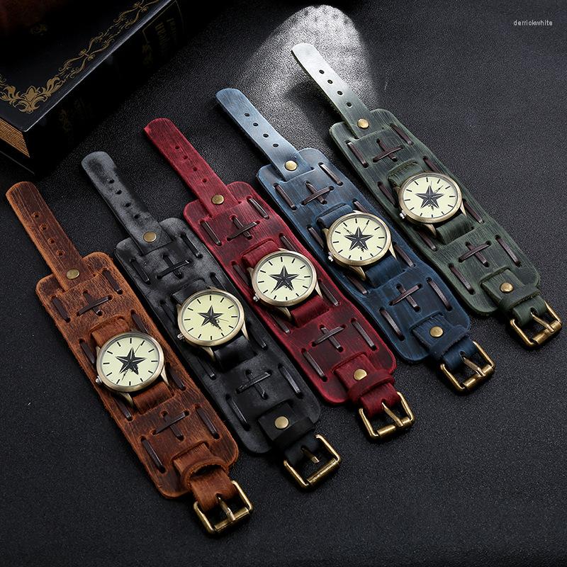 

Bangle Style Retro Punk Big Wide Leather Bracelet Watch For Men Personalized Quartz Wristwatches Relogio Masculino