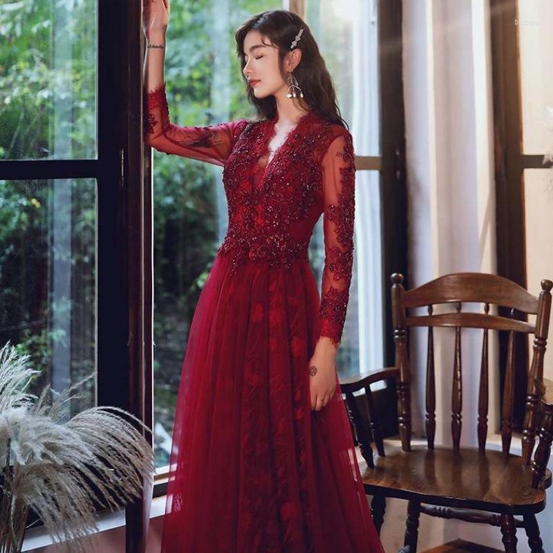 

Work Dresses Toastmasters Bride Autumn 2022 Deep V-neck Dignified Atmosphere Red Order Wedding Party Evening Dress, Wine
