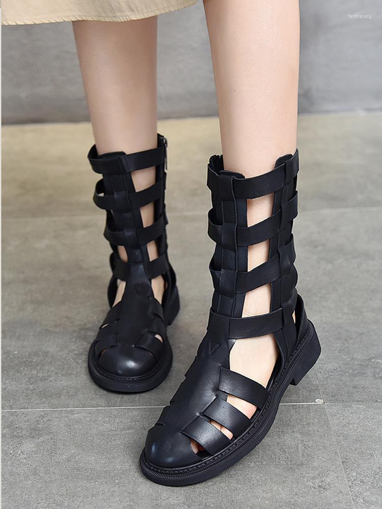 

Dress Shoes Birkuir Genuine Leather Women Summer Boots Hollow Out Sandals High Top Short Ladies Closed Toe Low Heel, Black