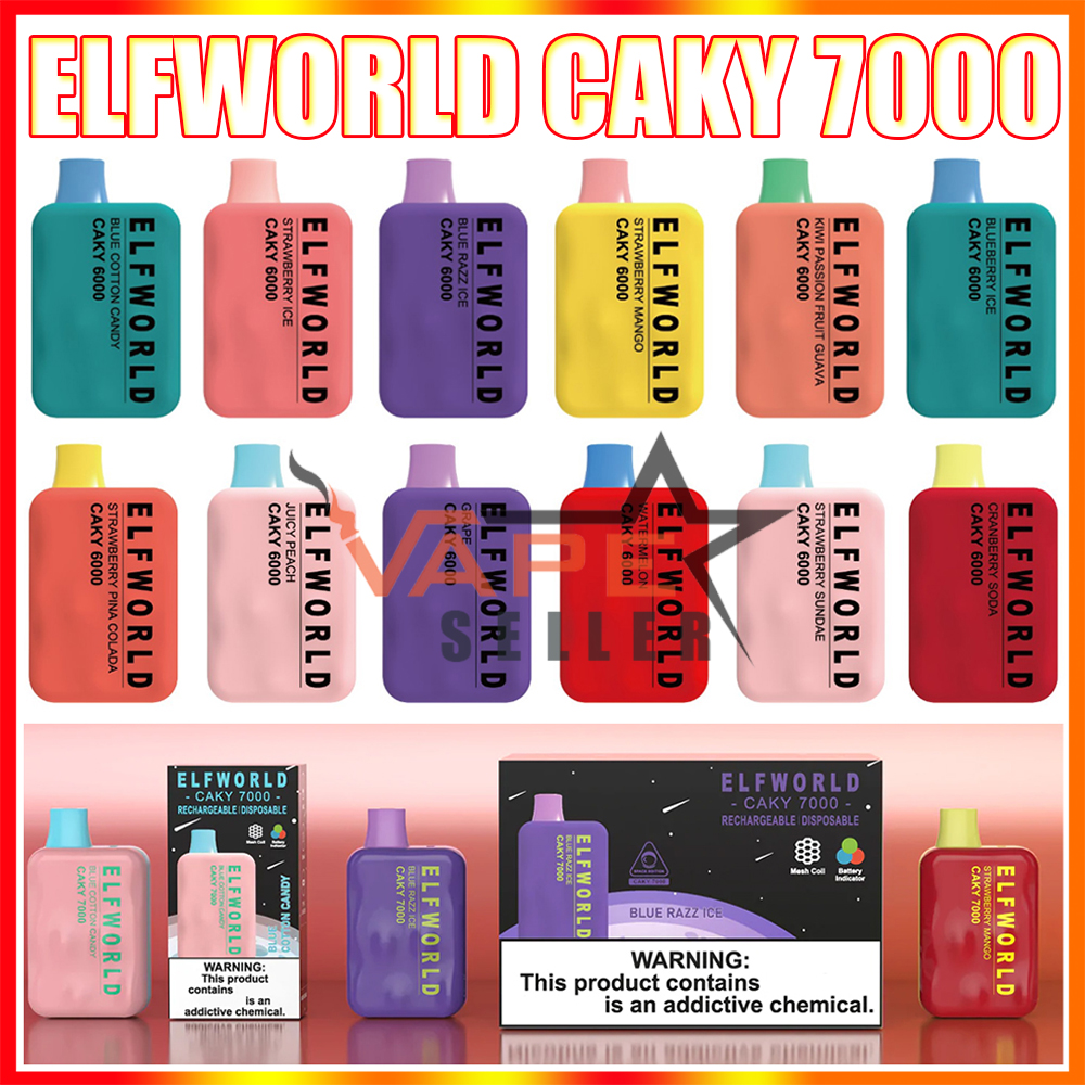 

Original Elfworld Caky 7000 Puffs E Cigarette Rechargeable Disposable Vape Pod Device With 650mAh Battery 14ml Prefilled Pod 15 Flavors Big Puff Bar Kit