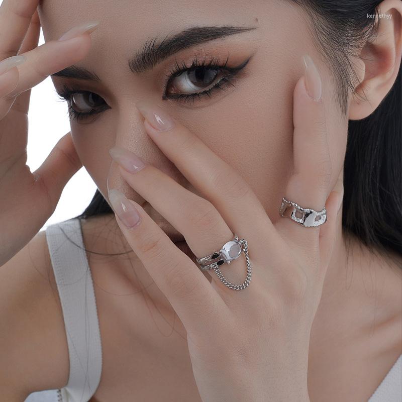 

Cluster Rings Real 925 Sterling Silver Korean Style Simple Ring Jewel-set Chains Open Fine Jewelry For Women