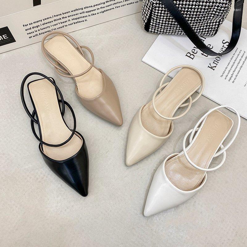 

Sandals Women Pointed Toe Flats Shoes 2022 Ladies Summer Mules Slippers Vintage Cloesed Rubber Soles Beige Low Heels