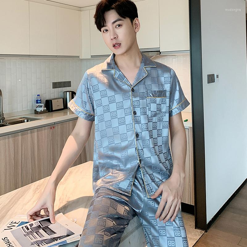 

Men's Sleepwear Summer Pjs Fashion Plus Size Mens Pajamas Leisure Ice Silk Elegant For Gentleman Soft Short Sleeve Button Loungewear, A-white