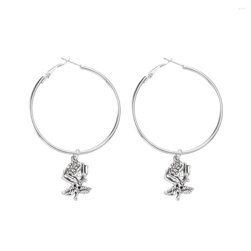 

Hoop Earrings Charm Vintage Silver Color Circle Relievo Rose Rosa Rugosa For Women Big Flower Hoops Rock Roll Hip Hop