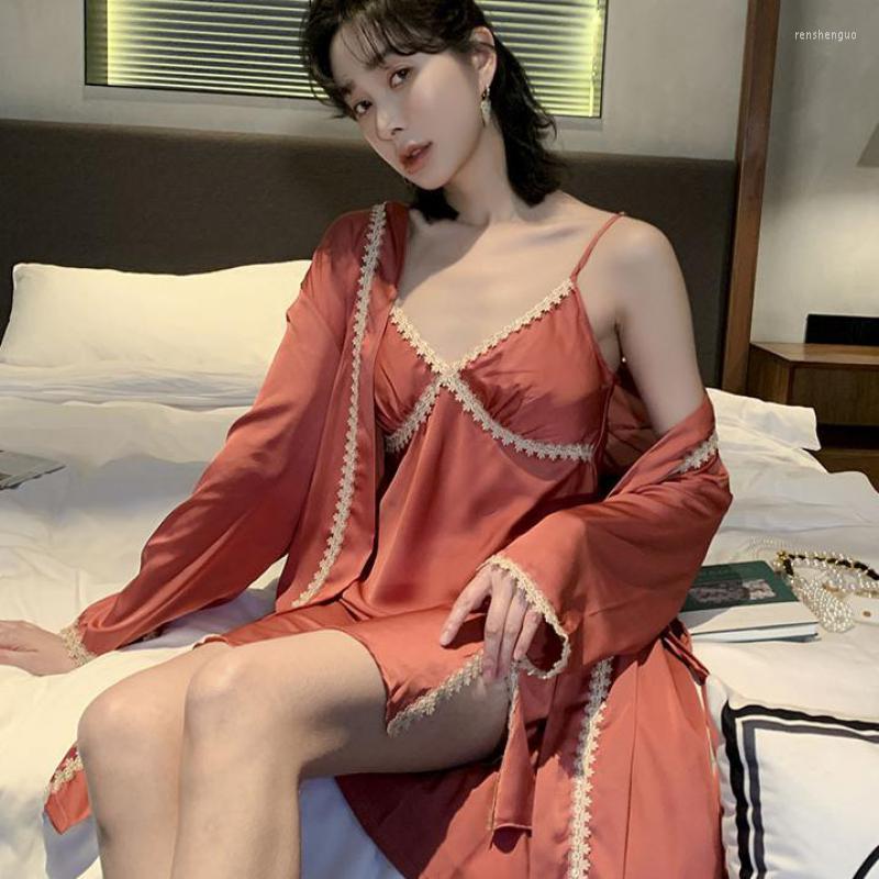 

Women's Sleepwear Sexy Split Kimono Robe Set Women Home Clothing Nightgown Loungewear Bathrobe Gown Lace Satin Patchwork, Black b