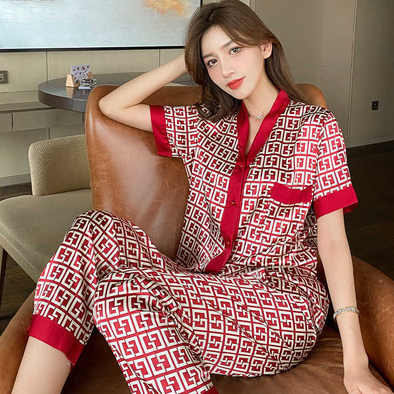 

home clothing Letter Print Luxury Pajamas Set Women Summer V Neck Silk Sleepwear for Woman with Pants Home Suit 5XL Large Size Nightwear 1205