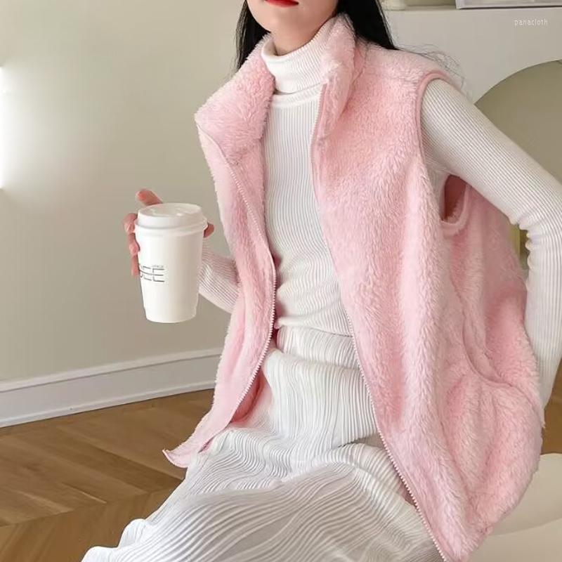 

Women's Vests Vangull Winter Sleeveless Fleece Women Vest Pink Zipper Pocket Female Waistcoat Stand Collar Casual Loose Ladies, Blue