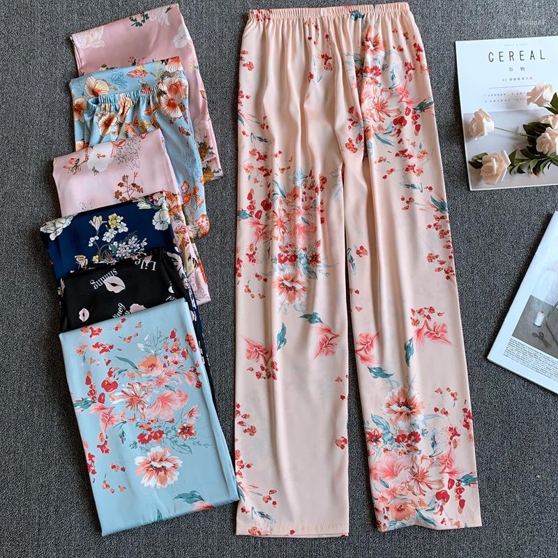 

Women's Sleepwear Satin Long Pants Homewear Print Sleep Bottoms Female Summer Elastic Waist Trousers Pijamas Casual Home Wear Lace, Pink - b