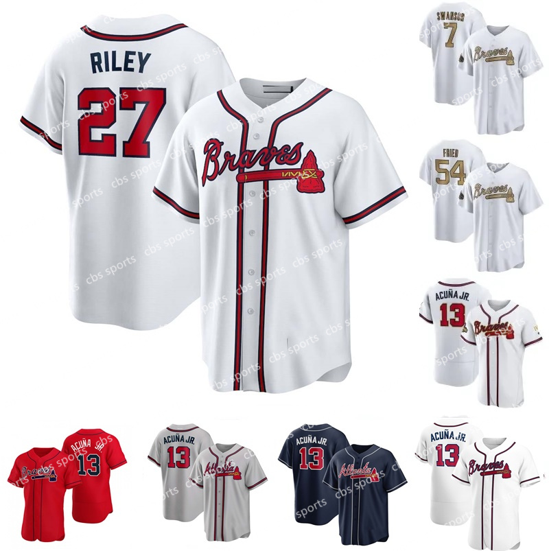 

Atlanta 2022 Braves Ronald Acuna Jr. Jersey Dansby Swanson Travis d'Arnaud Kyle Wright Max Fried Austin Riley Matt Olson Eddie Rosario Spencer Strider Gold Champions, Mens flexbase stitched nk logo