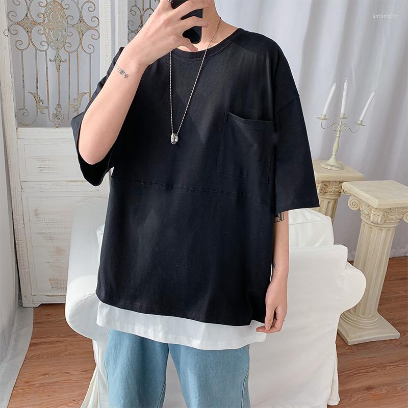 

Men's T Shirts 2022 Summer Hong Kong Style Ins Loose Two-piece Short-sleeved T-shirt Casual Korean Five-point Sleeve Oversized Shirt Top, Black