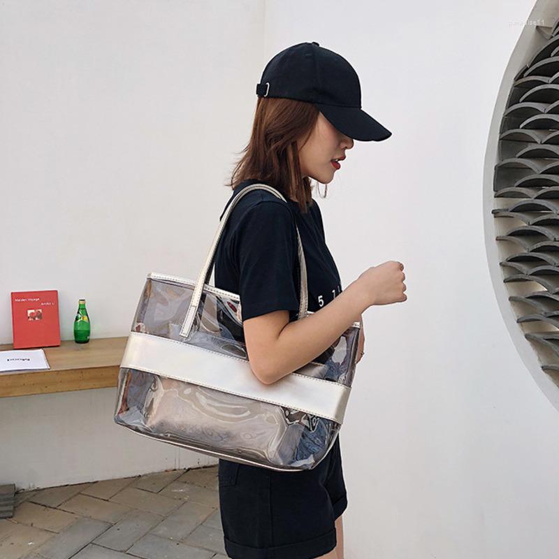 

Evening Bags Fashion Women Transparent Shopping Lady Tote Shoulder Bag Girls Jelly Clear Beach Multifunction Handbag, Black