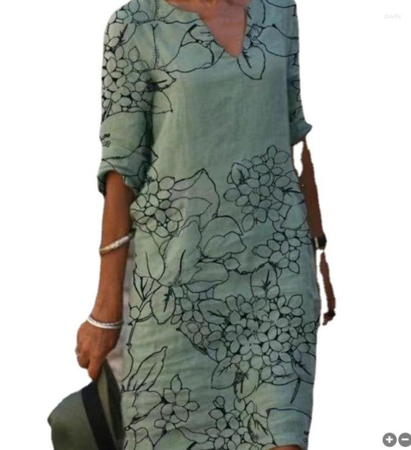 

Casual Dresses Women' Fashion Printed V-Neck Five-Quarter Sleeve Multi-Color Mid-Length Silk Dress Elegant Female Temperament