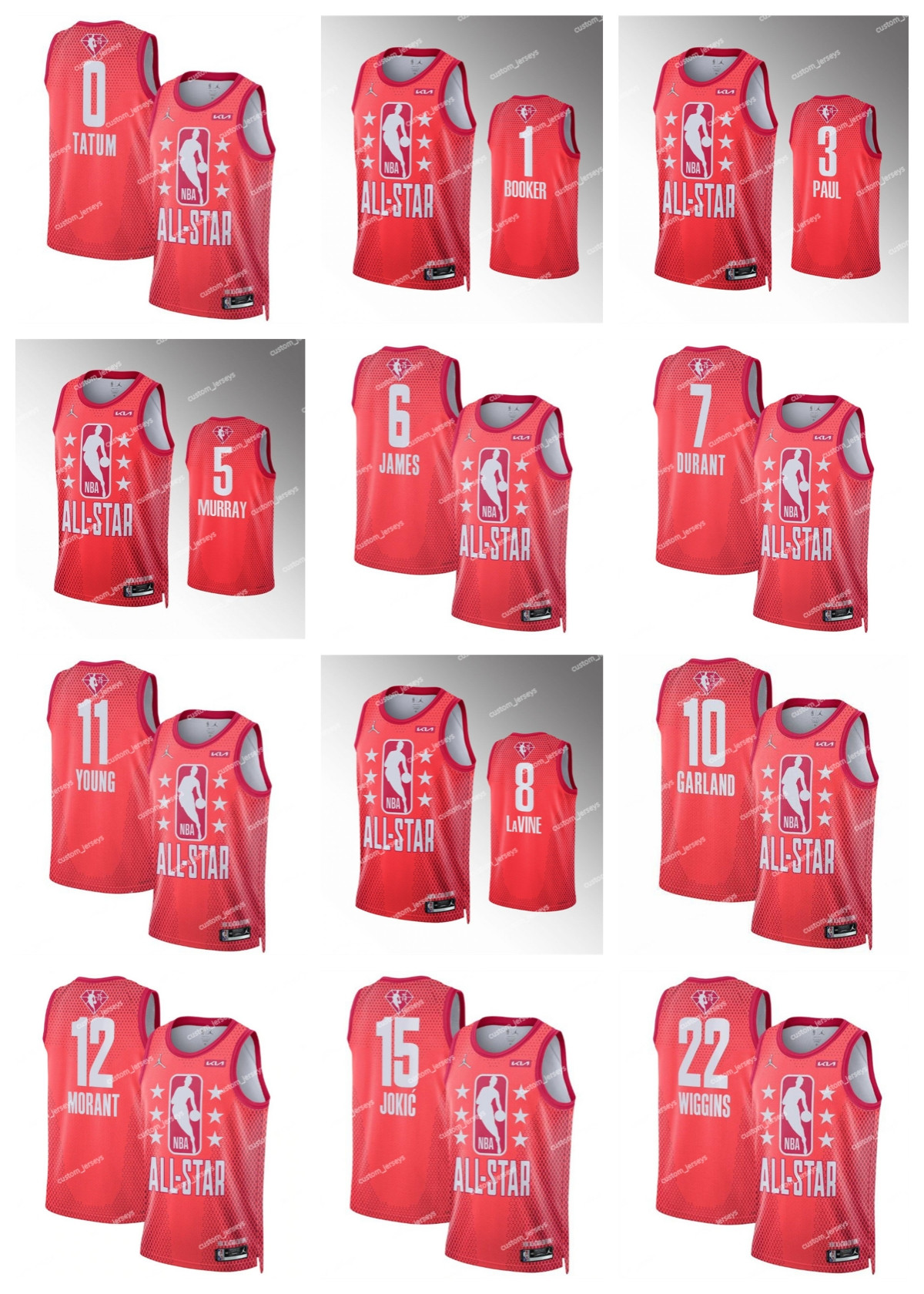 

Custom 2022 All-Star 0 Tatum 1 Booker 3 Paul 5 Dejounte 7 Durant 8 LaVine 10 Garland 11 Young Maroon 6 James''NBA''Stitched Basketball Jerseys Red