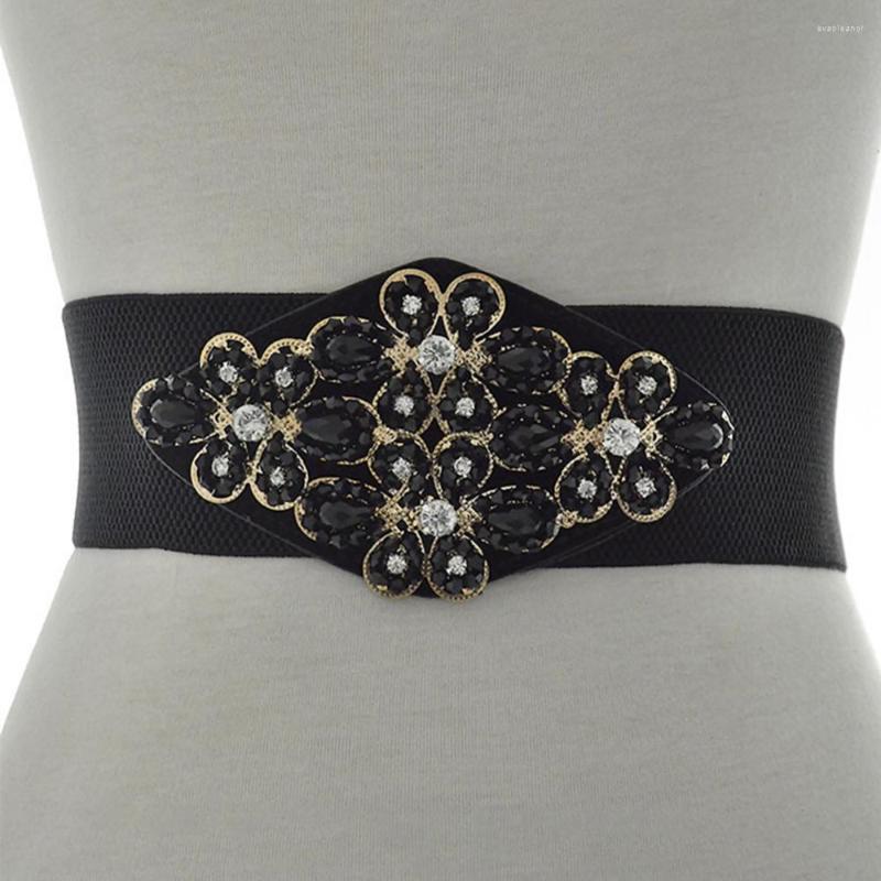 

Belts Wide Waistband Women Elastic Waist Belt Handmade Rhinestone Inlaid Flower Dress, Black