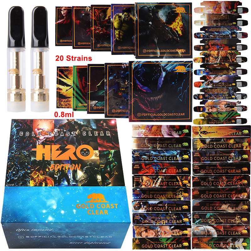 

Hero Edition GCC Gold Coast Clear Atomizers Vape Cartridges Packaging 0.8ml 1ml Ceramic Coil Empty Carts For Thick Oil Vaporizer E Cigarettes 510 Thread 20 Strains