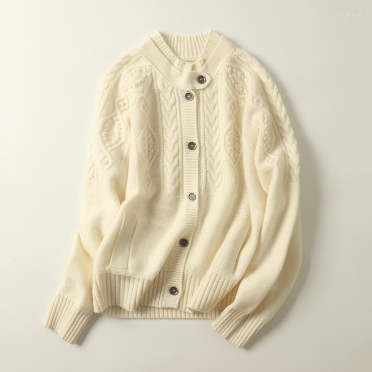 

Women's Knits Autumn And Winter Cashmere Sweater Woolen 3-piece Wool Thickened Double-layer Stand Collar Single Breasted Cardigan, White cf730