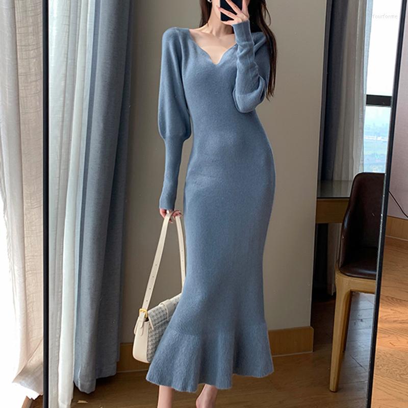 

Casual Dresses Winter Elegant Mermaid Sweater Long Dress Women Vintage V-neck Knitted Warm Y2K Korean Chic For Year 2022, Blue sweater dress