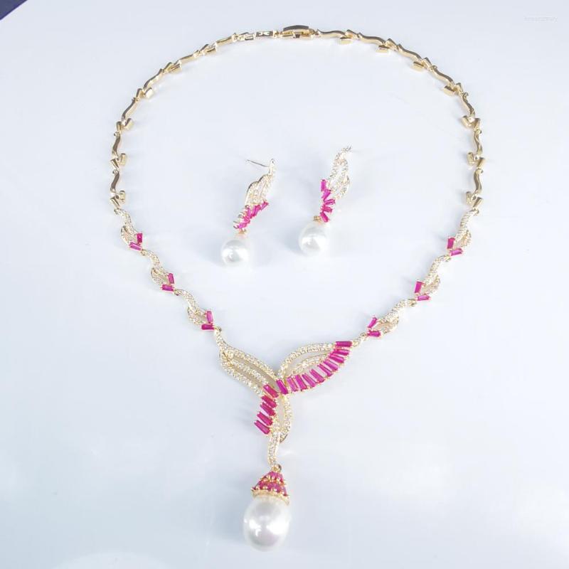 

Necklace Earrings Set 2022 Fashion Red CZ Zircon Shell Pearl Golden Wedding Bride Dinner Party Dress Jewelry, Picture shown
