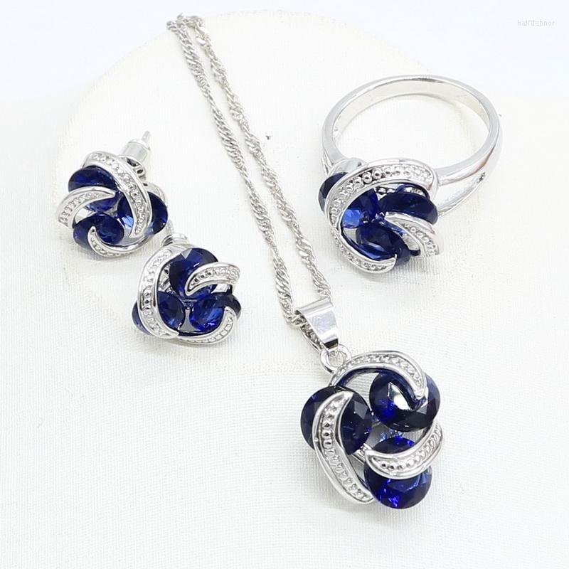 

Necklace Earrings Set 925 Sterling Silver Blue Cubic Zircon Stud Earrings/Pendant/Necklace/Ring Heart Bracelet For Women Free Gift Box, Picture shown