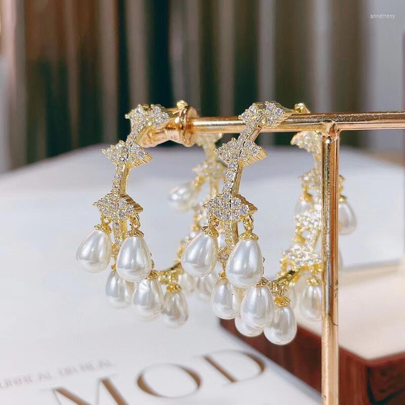 

Hoop Earrings SENYU Exquisite Gold Color Circle Round Earring Cubic Zirconia Pearl Tassel Dangle Big For Women Boho Jewelry