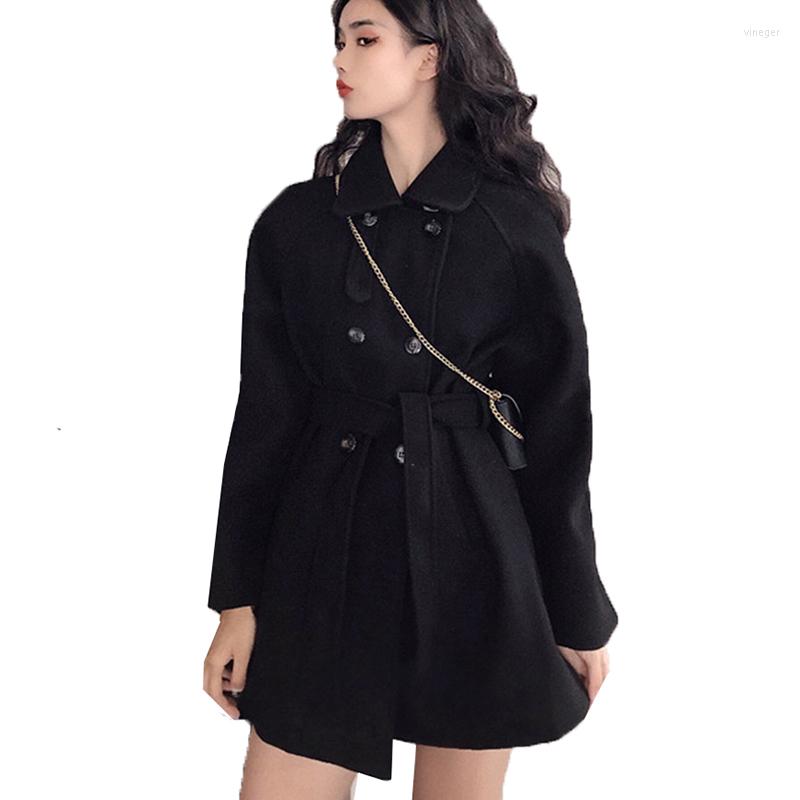 

Women's Wool Women Woolen Coat Fashion Autumn Winter Jacket Mid-Long Double Breasted Belt Black Windbreaker Outerwear Manteau Femme