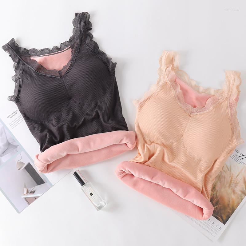 

Camisoles & Tanks Elasticit Sleeveless Vest Velvet Warm Crop Top Women Autumn And Winter Thermal Underwear Underpinning Lace V-neck, Xf223 caramel