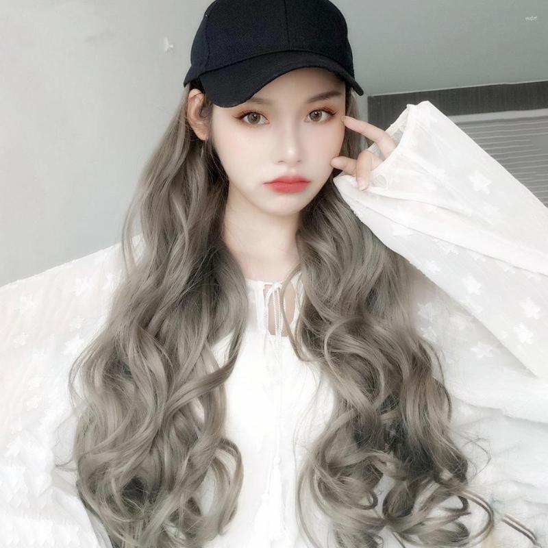 

Ball Caps Girl's Fashion Black Baseball Cap And Grey Wig Wavy Hat, Picture shown