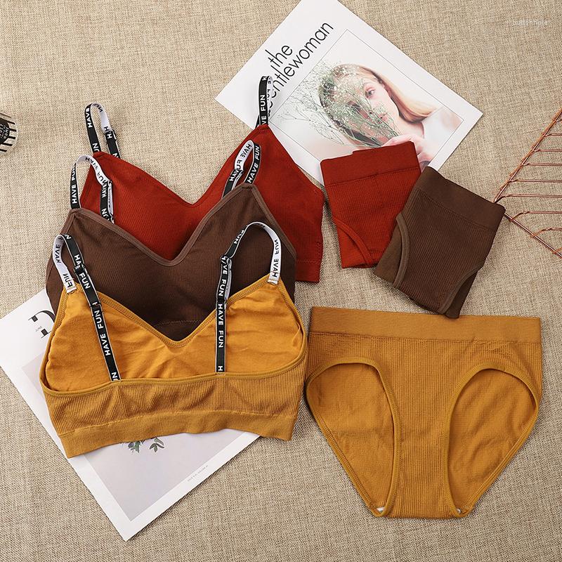 

Bras Sets Cotton Lingerie Set For Women Simple Letters Striped Underwear Breathable Sports Top Bra High-Rise Briefs Cozy Panties Sell, Black